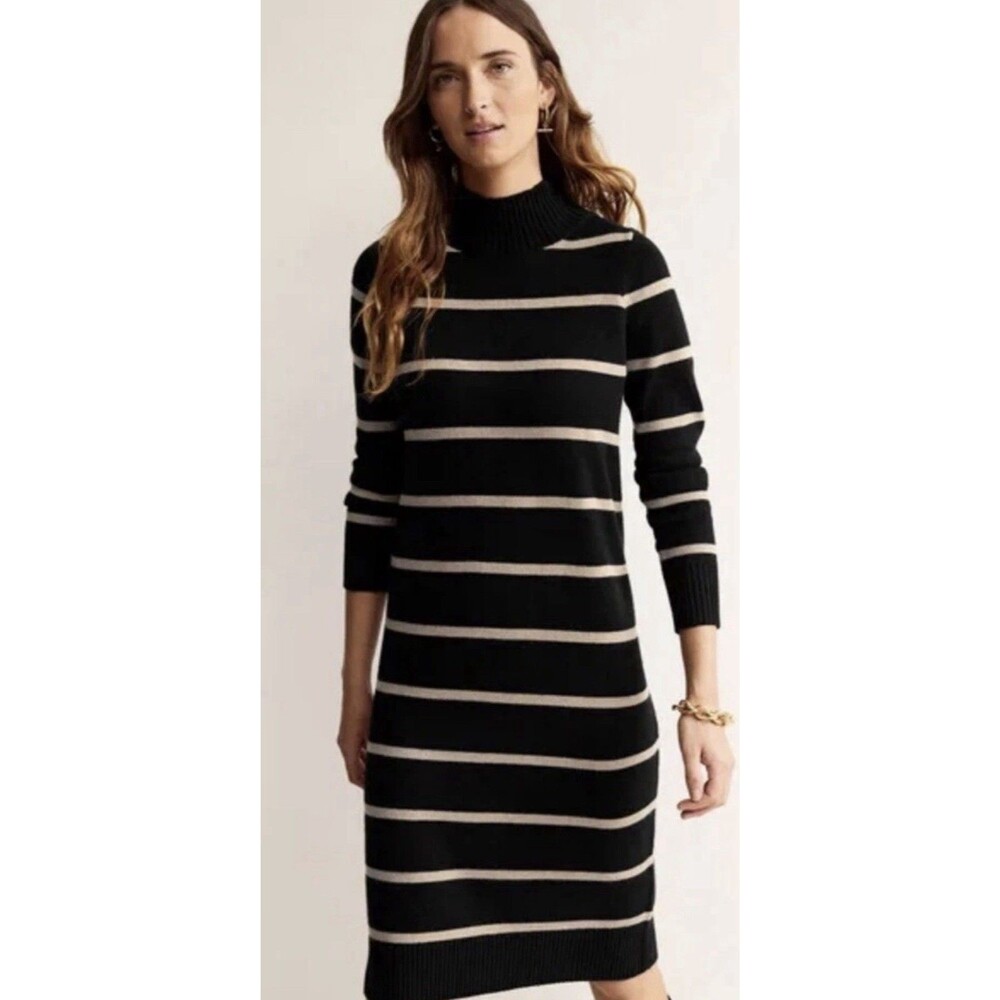 Boden Sweater Dress Knitted Verity Turtleneck Striped Sz 6 Black Wool Cashmere